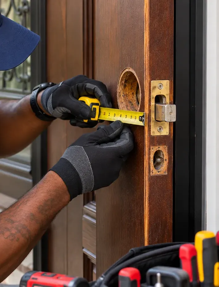 Tape measure across an empty deadbolt bore on a wood door, Bay Ridge Brooklyn smart lock survey Gloved hands measuring from the edge of a wood door to an empty deadbolt bore beside a brass latch plate, Bay Ridge Brooklyn smart lock survey
