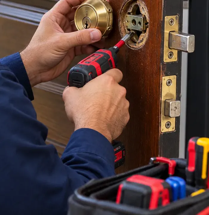 Removing an old brass deadbolt with a cordless screwdriver, Bay Ridge Brooklyn smart lock installation Unscrewing an old brass deadbolt from a wood door with a cordless screwdriver before a smart lock goes in, Bay Ridge Brooklyn