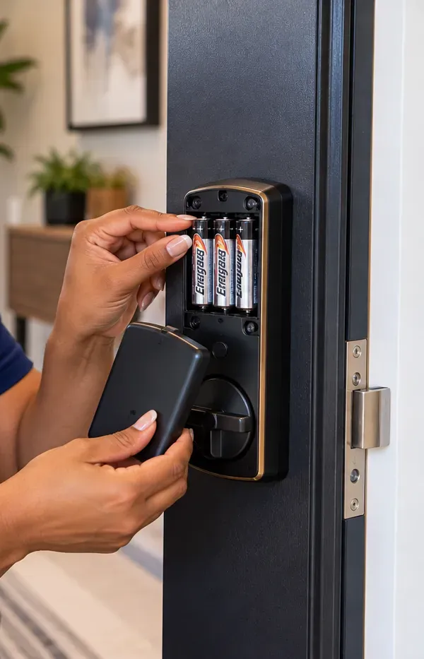 Opening the inside battery pack of a smart lock, Bayside Queens Hands lifting the cover off a smart lock's inside battery pack showing four AA batteries, Bayside Queens smart lock installation