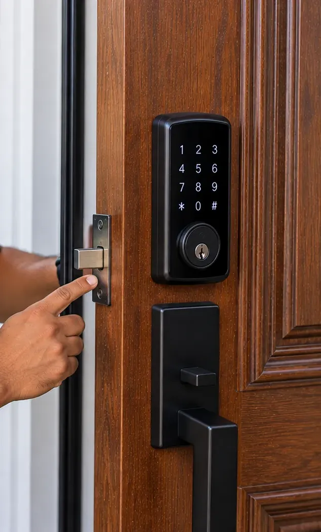 Checking latch and strike alignment at the door edge before a smart lock install in Bayside, Queens Gloved finger checking the latch and strike at the edge of a wood door below a black keypad deadbolt, Bayside Queens smart lock installation