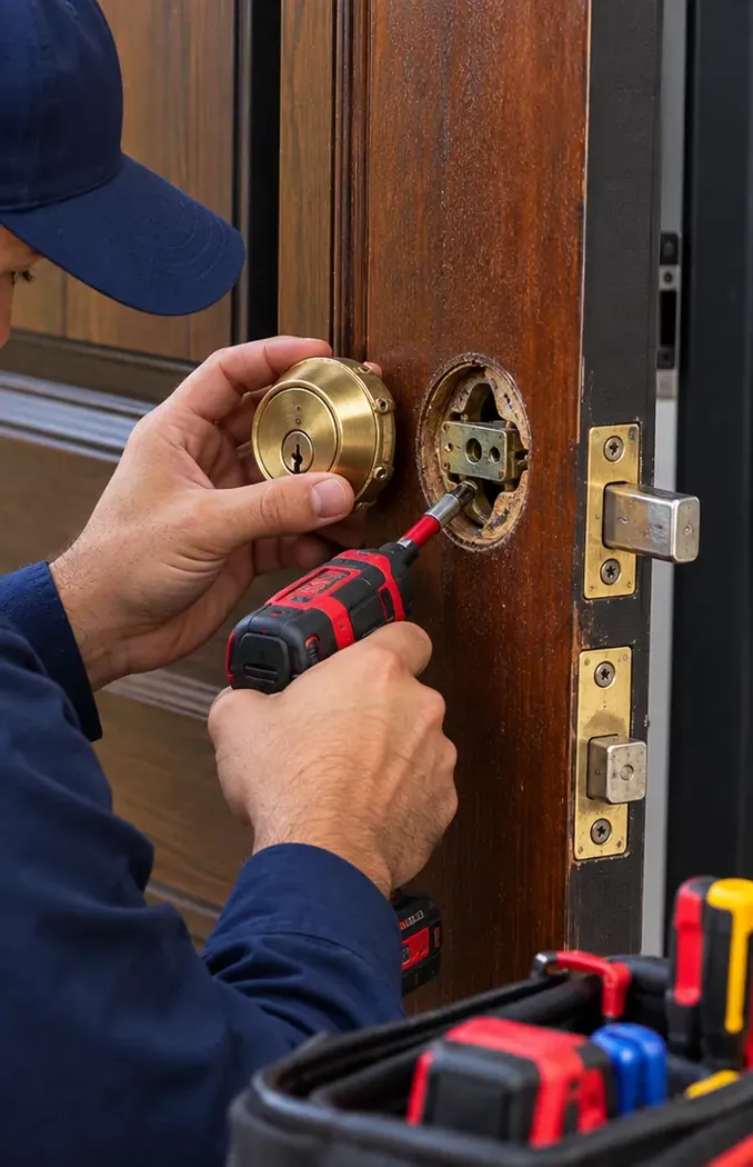 Removing an old brass deadbolt before fitting a smart lock, Bayside Queens Hands removing an old brass deadbolt from a wood door with a red cordless driver, Bayside Queens smart lock installation