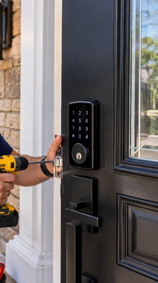 Driving strike and latch screws on a black front door during a Bayside, Queens smart lock installation Yellow cordless drill driving a screw at the edge of a black front door below a keypad deadbolt, Bayside Queens smart lock installation