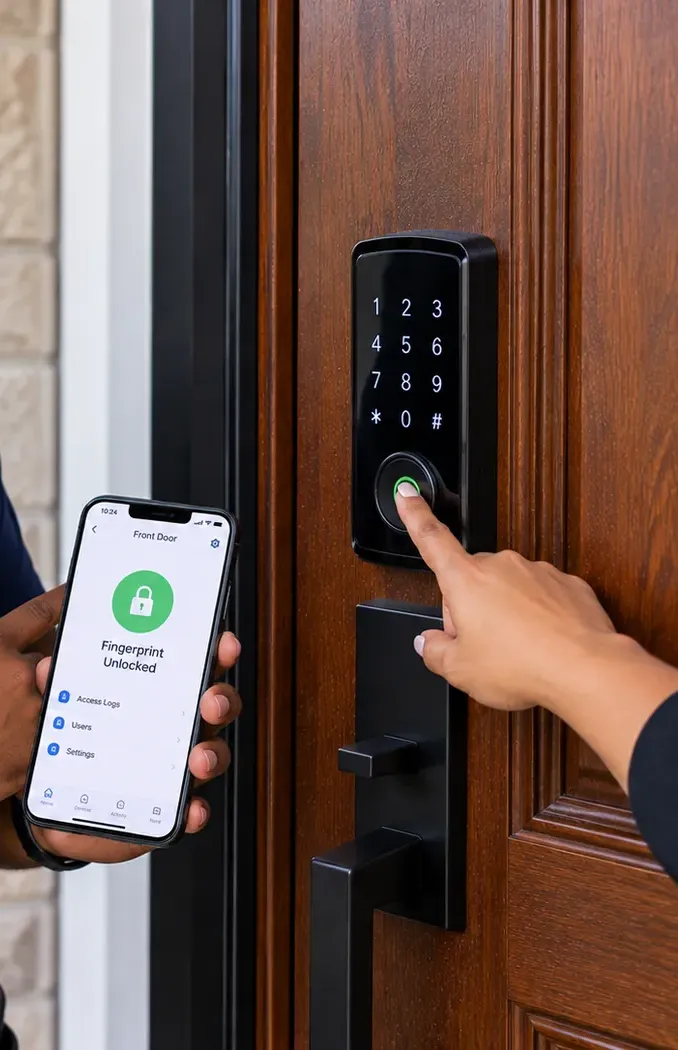 Testing a fingerprint reader on a keypad smart deadbolt, Bayside Queens Finger on the fingerprint reader of a keypad deadbolt while a phone screen shows fingerprint unlocked, Bayside Queens smart lock installation