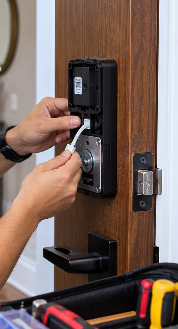Connecting the ribbon cable on a smart lock's inside mounting plate, Bayside Queens Hands connecting a small ribbon cable to the inside mounting plate of a keypad smart lock on a wood door, Bayside Queens smart lock installation