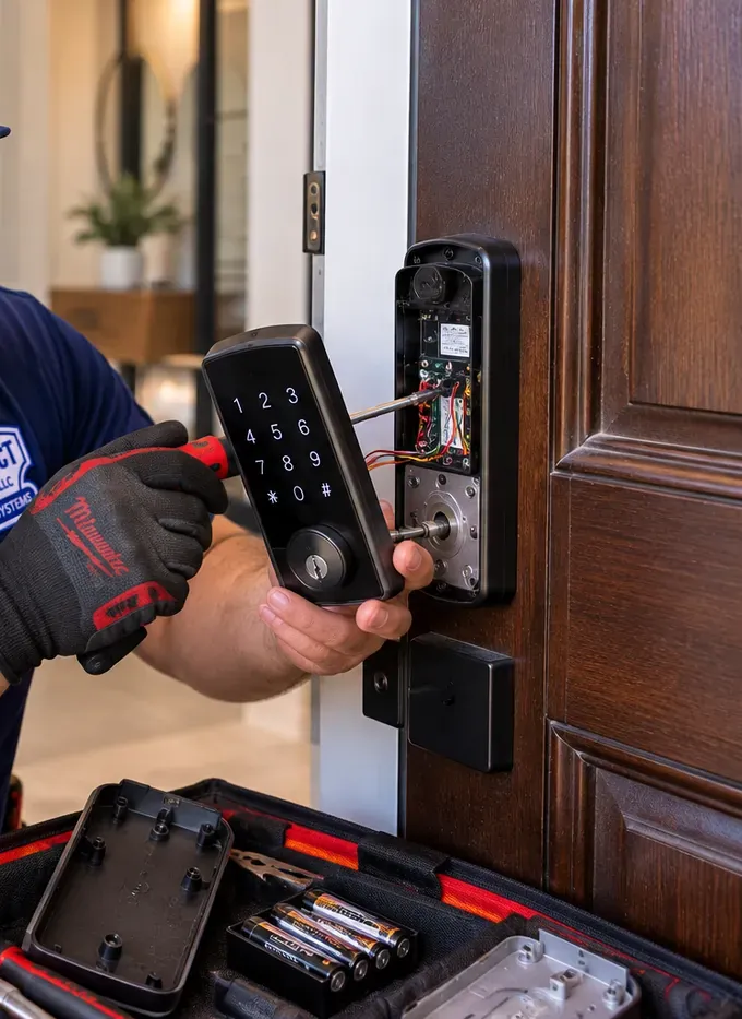 Checking the keypad wiring of a smart lock on a service visit, Bayside Queens Gloved hands holding a keypad smart lock's outside unit away from the door to check its wiring, Bayside Queens smart lock installation