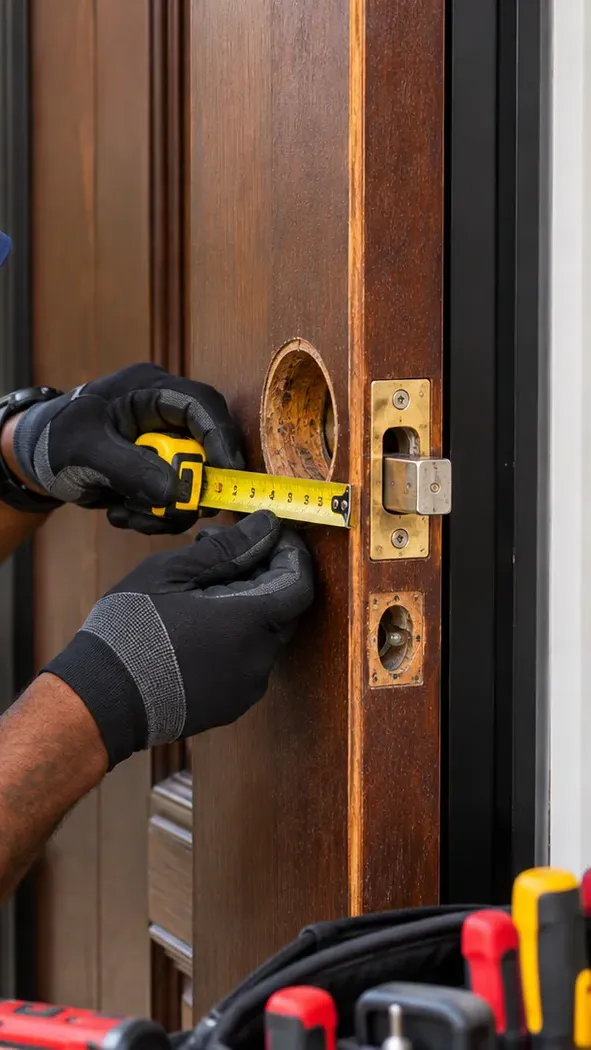 Measuring an existing deadbolt bore in an old wood door before a Bayside, Queens smart lock install Gloved hands holding a yellow tape measure across an empty deadbolt bore in an old wood door, Bayside Queens smart lock installation