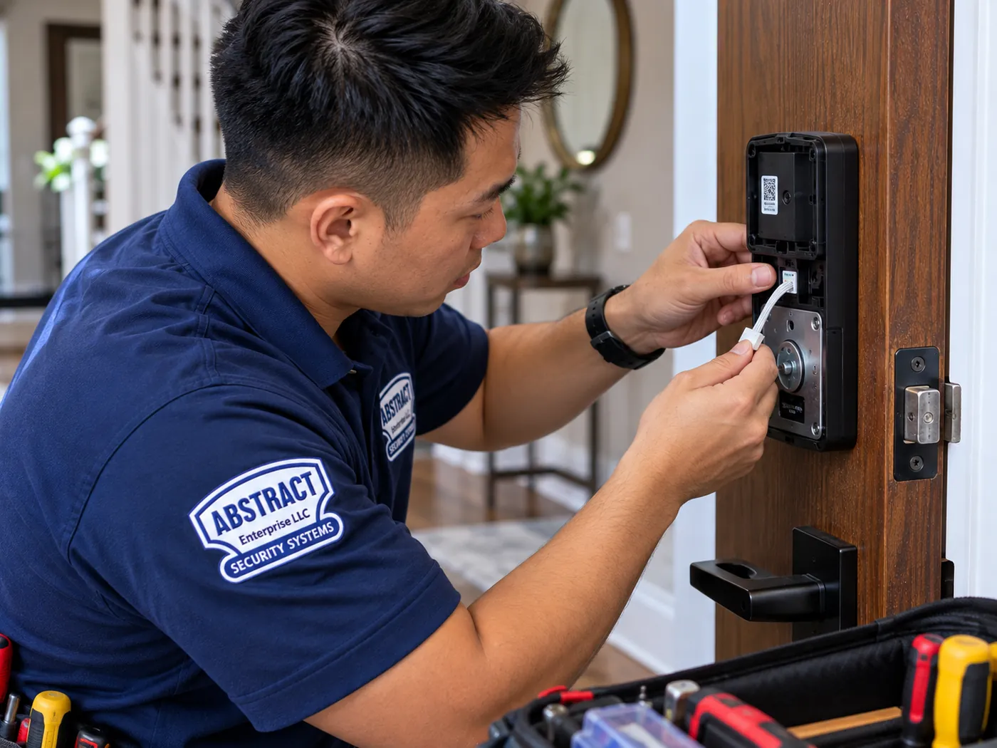 Connecting the keypad cable to the interior unit of a smart lock, Bedford-Stuyvesant Brooklyn Technician plugging the keypad cable into the interior unit of a smart deadbolt on a wood door, with an open tool case below, Bedford-Stuyvesant, Brooklyn