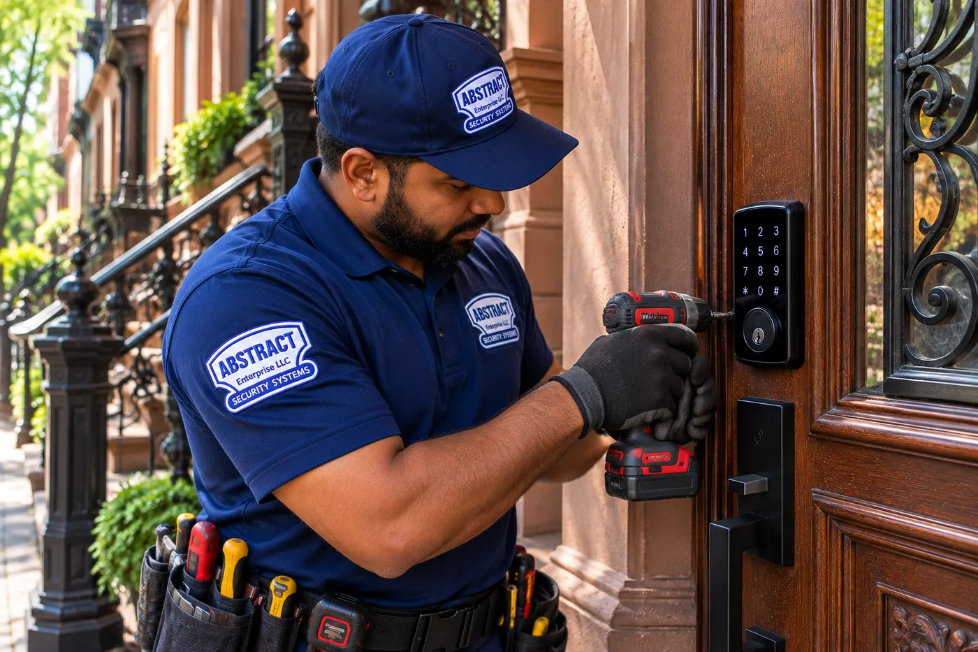 Fitting a keypad deadbolt on a stoop door beside iron railings, Bedford-Stuyvesant Brooklyn AESS installer driving screws into a keypad deadbolt on a wood stoop door with ornamental iron glass grille and a row of brownstone stoops behind, Bedford-Stuyvesant, Brooklyn