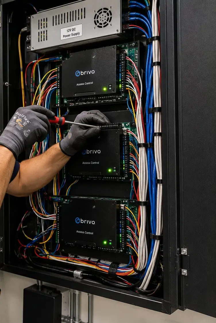 Door controller boards and power supply in a cabinet — Brooklyn Heights Gloved hands working on three door controller boards under a 12V power supply in a wall cabinet, Brooklyn Heights access control