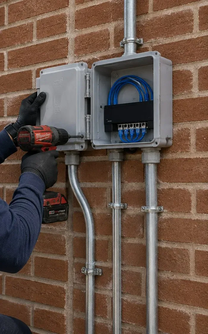 Weatherproof enclosure and conduit on a brick wall — Brooklyn Heights smart lock cabling Junction enclosure and metal conduit being fixed to an exterior brick wall, low-voltage work for smart locks in Brooklyn Heights