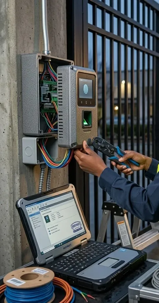 Fingerprint reader and gate controller wiring — Brooklyn Heights Fingerprint reader and open control box beside a metal gate being wired with a laptop on the ground, Brooklyn Heights gate entry