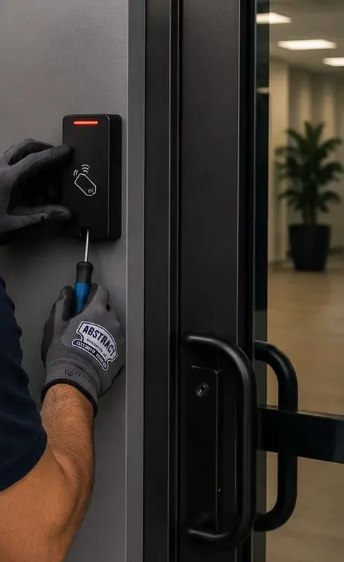Fob reader being mounted on a door frame — Brooklyn Heights Gloved hand holding a fob reader against a grey door frame while a screwdriver sets it, Brooklyn Heights access reader