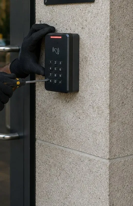 Keypad and card reader mounted on a stone jamb - keyless entry in Brooklyn Heights Gloved hand fastening a keypad card reader to a stone-faced door jamb, keyless entry Brooklyn Heights