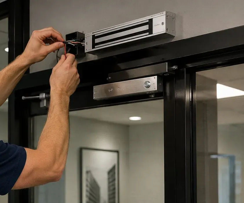 Magnetic lock on a glass door header being wired — Brooklyn Heights business door Hands wiring a magnetic lock on the header of a glass office door, commercial smart lock installation Brooklyn Heights