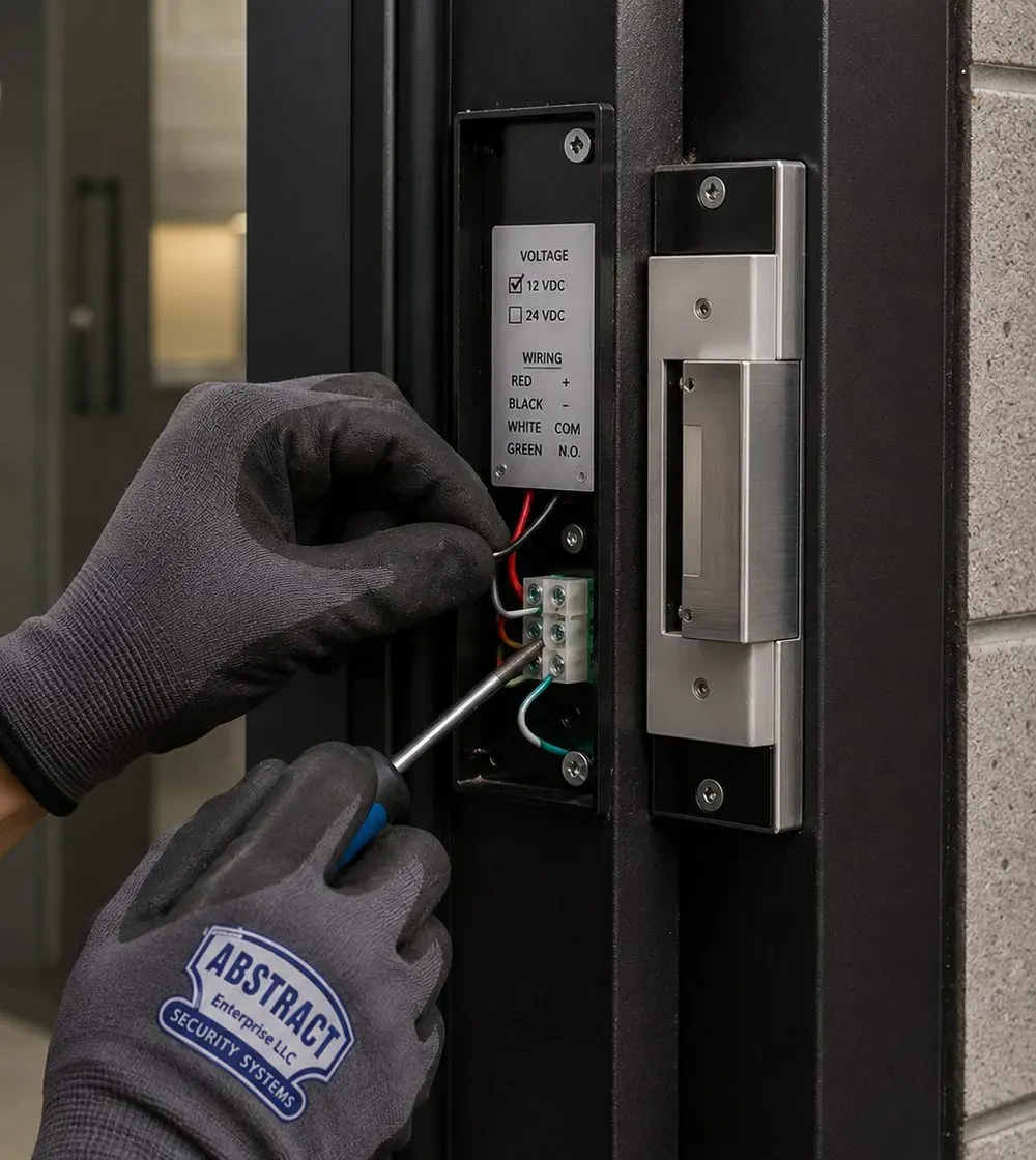 Terminal block of an electric strike being wired — Brooklyn Heights keyless entry Close-up of gloved hands landing wires on the terminal block of an electric strike, Brooklyn Heights smart lock wiring