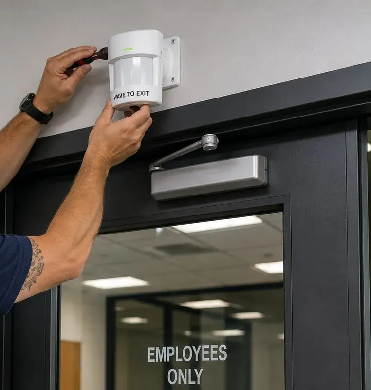Wave-to-exit sensor above a door — Brooklyn Heights Hands fitting a wave-to-exit sensor above a door with a closer on the header, Brooklyn Heights egress hardware