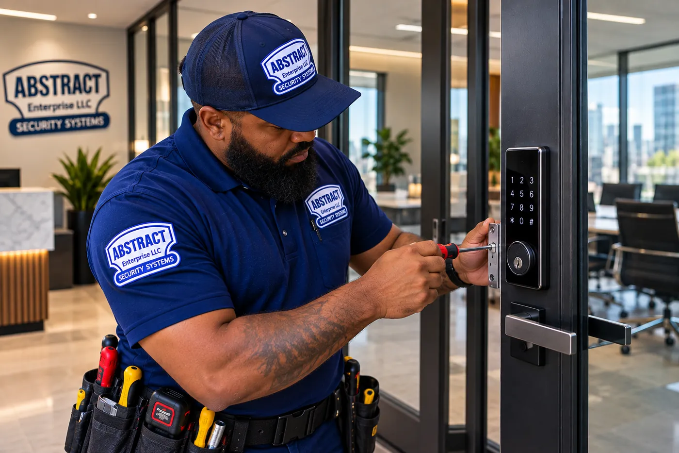 Fastening a strike plate on a black-framed glass door for a keypad smart lock - Chelsea, Manhattan AESS technician fastening the strike plate for a keypad smart lock on a black-framed glass door in Chelsea, Manhattan