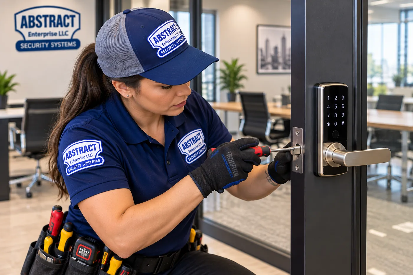 Fitting a keypad lever smart lock on a framed glass door - Chelsea, Manhattan AESS technician fitting the latch of a keypad lever smart lock on a framed glass office door in Chelsea, Manhattan