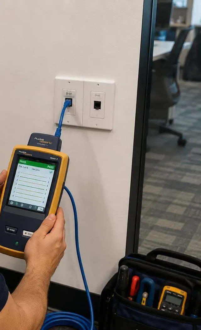 Cable certifier at a wall jack, Flushing network test Handheld cable certifier plugged into an office wall data jack, network testing for smart lock bridges in Flushing Queens