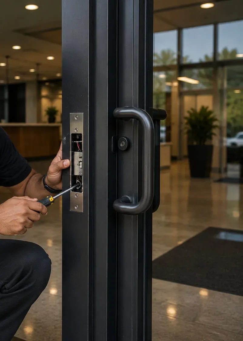 Electric strike on a glass door frame, Flushing smart locks Smart lock installation Flushing Queens: technician fitting an electric strike in the aluminium frame of a glass entrance door