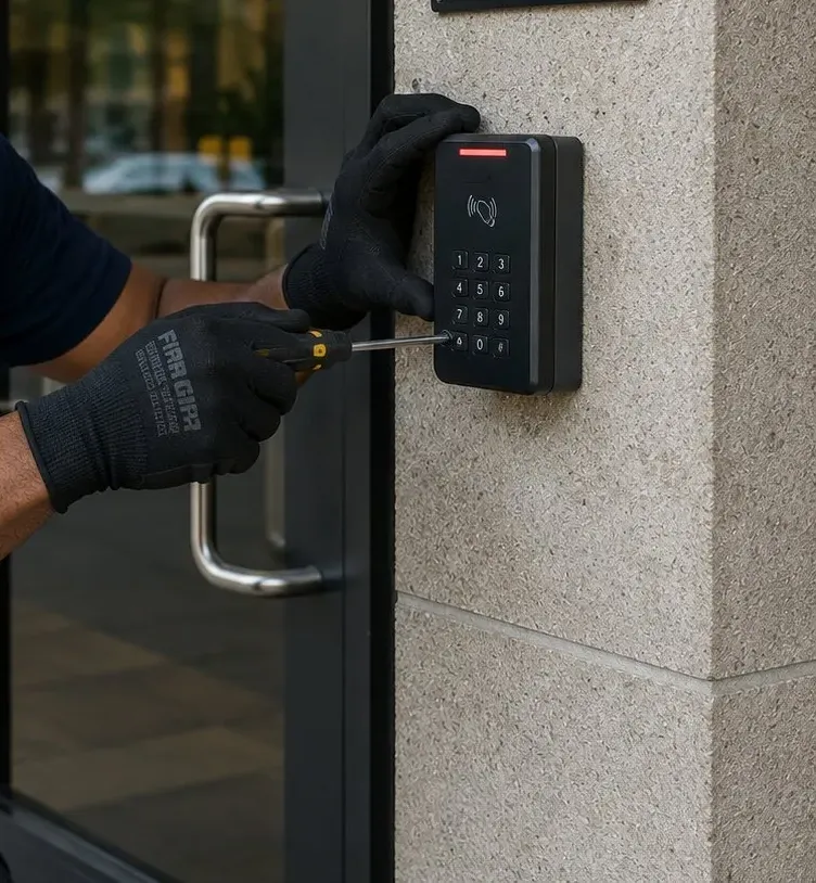 Keypad reader at an office door, Flushing Keypad and card reader being mounted on a stone wall beside a glass office door, smart lock installation Flushing Queens