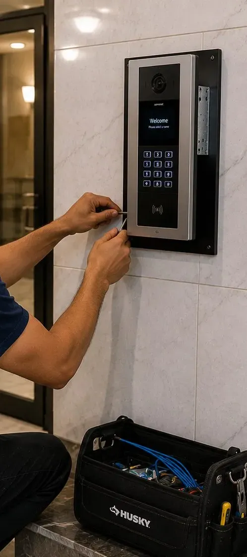 Lobby entry panel on marble, Flushing Two hands securing a black entry panel with keypad and screen to a marble lobby wall, smart lock and entry work in Flushing Queens