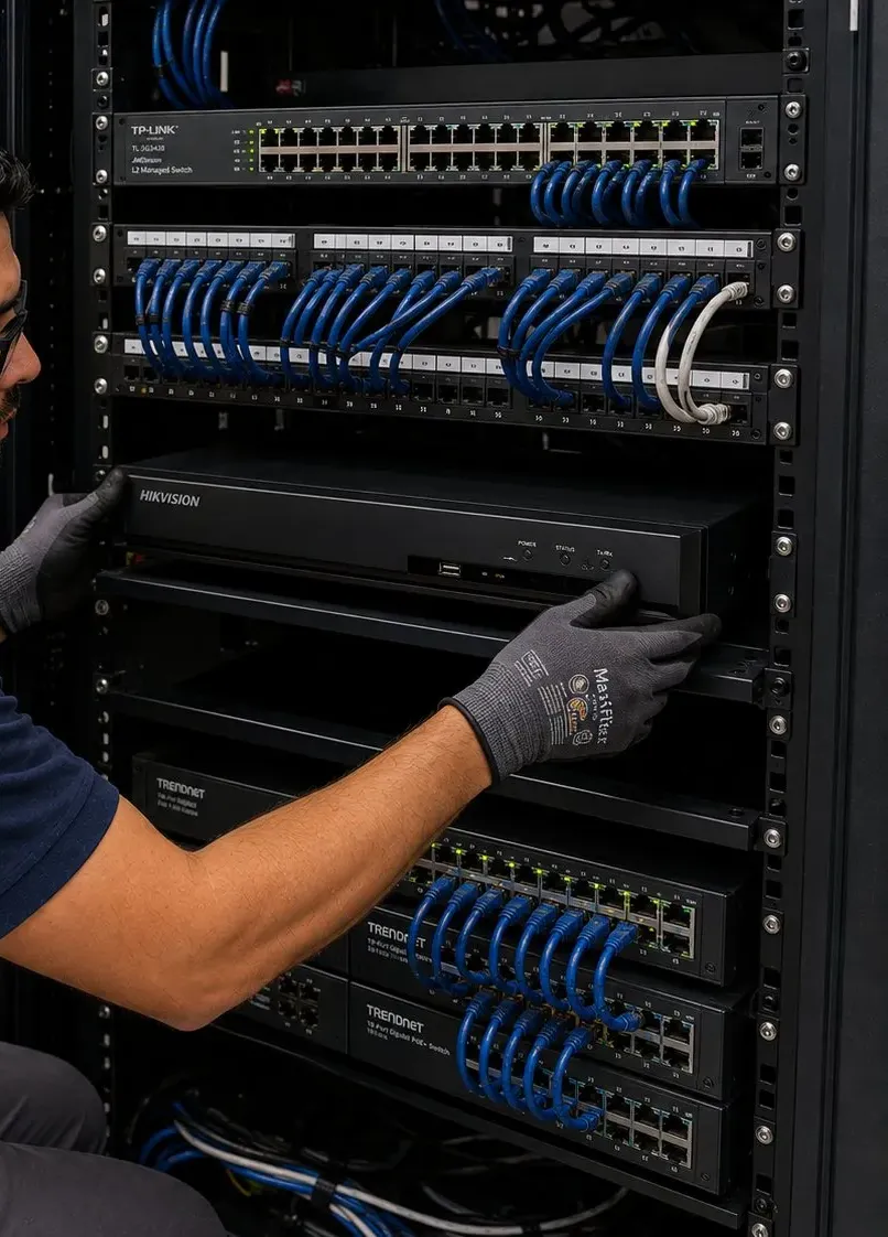 Network rack switch work, Flushing lock connectivity Gloved hand adjusting a switch in a network rack with blue patch cables, connectivity work for smart locks in Flushing Queens