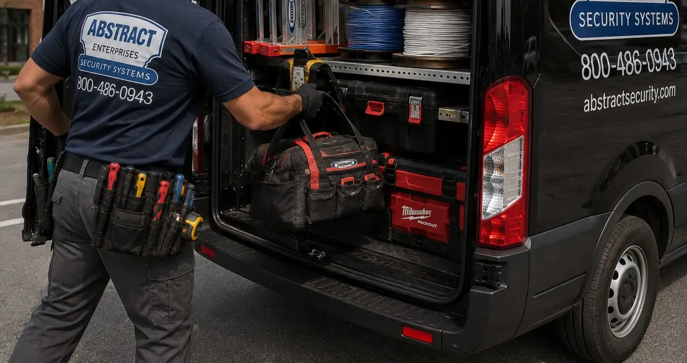 AESS service van unloading, Flushing smart lock crew AESS service van open at the rear with cable reels and tool cases, smart lock installation crew for Flushing Queens