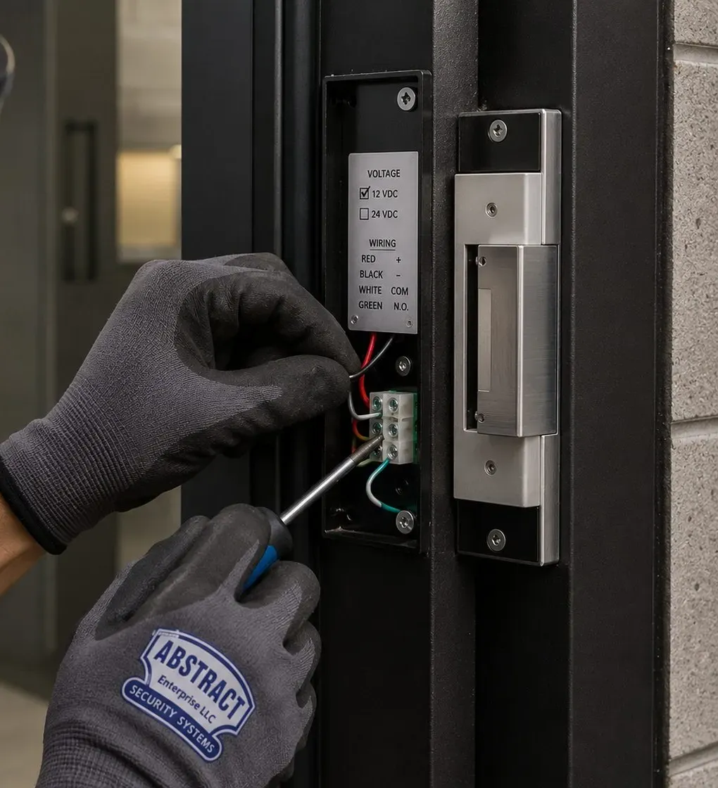 Strike terminal wiring, Flushing keypad entry Close-up of an electric strike terminal block being wired for a keypad entry door, Flushing Queens smart lock work