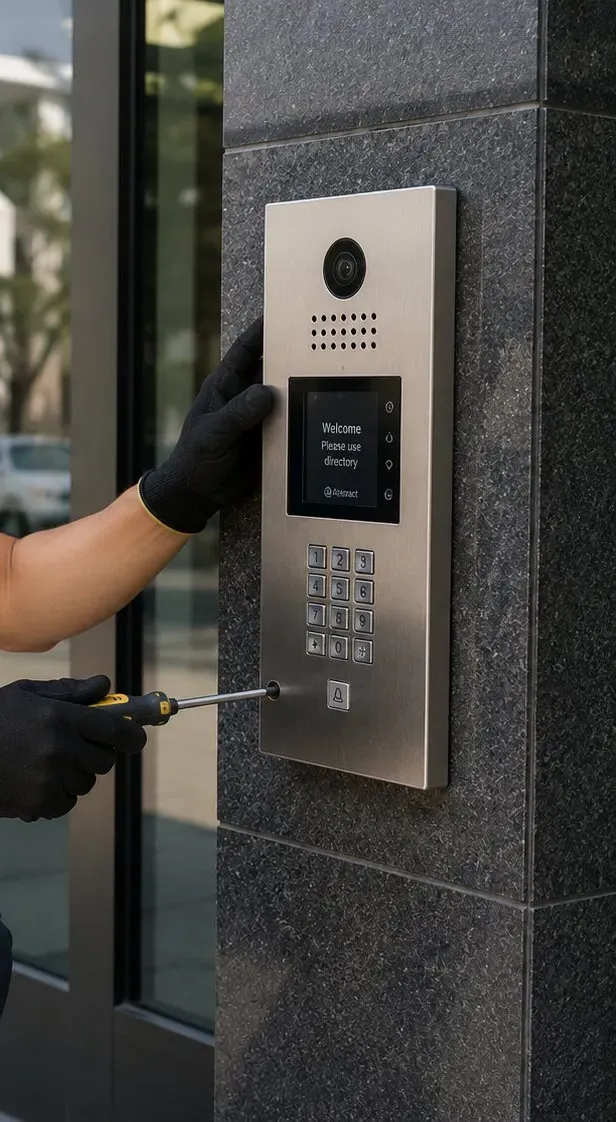 Video intercom keypad on granite, Flushing entry Stainless video intercom with keypad on a granite pillar at a glass building entrance, Flushing Queens door entry