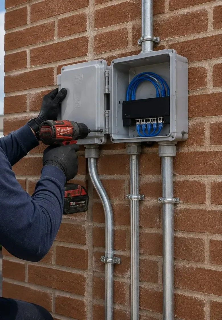 Weatherproof enclosure on brick, Flushing keypad wiring Grey weatherproof enclosure with terminated blue cables on a brick wall, exterior wiring for keypad doors in Flushing Queens