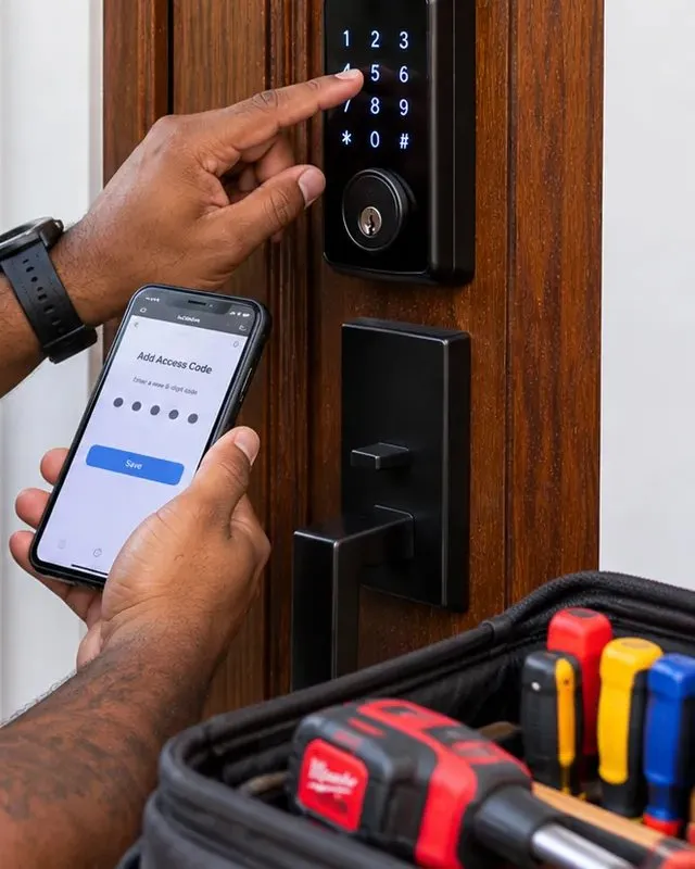 Adding an access code on a phone at the keypad, Forest Hills Queens Finger pressing a keypad deadbolt while the other hand holds a phone showing an add access code screen, Forest Hills Queens smart lock installation