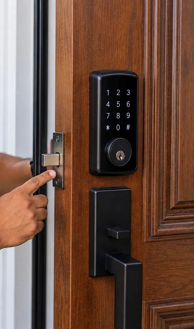 Checking the latch plate at a door edge, Forest Hills Queens Finger checking the latch plate at the edge of a wood door below a keypad deadbolt, Forest Hills Queens smart lock installation