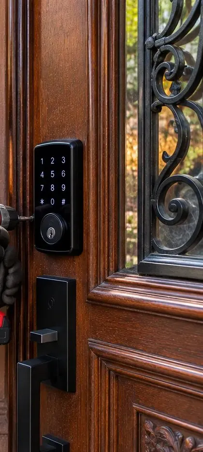 Keypad deadbolt next to an iron-grilled glass panel, Forest Hills Queens Black keypad deadbolt and pull handle on a wood door beside a glass pane behind black iron scrollwork, Forest Hills Queens smart lock installation