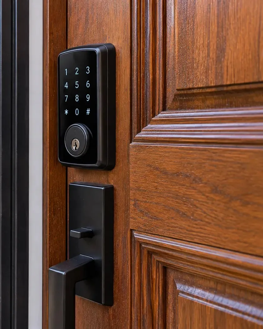 Keypad deadbolt on a stained panel door, Forest Hills Queens smart lock installation Matte-black keypad deadbolt above a black pull handle on a stained raised-panel wood door, smart lock installation in Forest Hills, Queens
