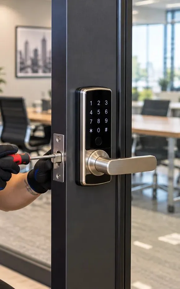 Keypad lever lock on a glass office door, Forest Hills Queens Gloved hand fitting a keypad lever lock to the edge of a black-framed glass office door, Forest Hills Queens smart lock installation