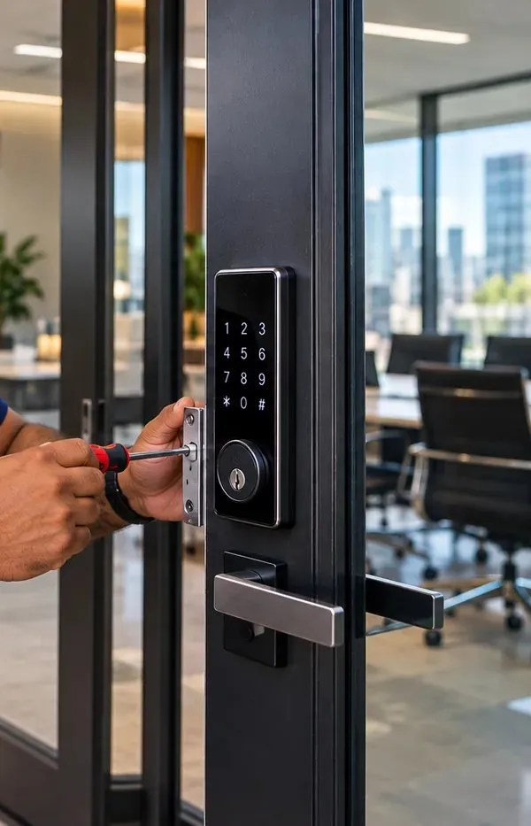 Keypad lock on a black aluminium glass door, Forest Hills Queens Gloved hand working on a black keypad lock fitted to a black aluminium glass door, Forest Hills Queens smart lock installation