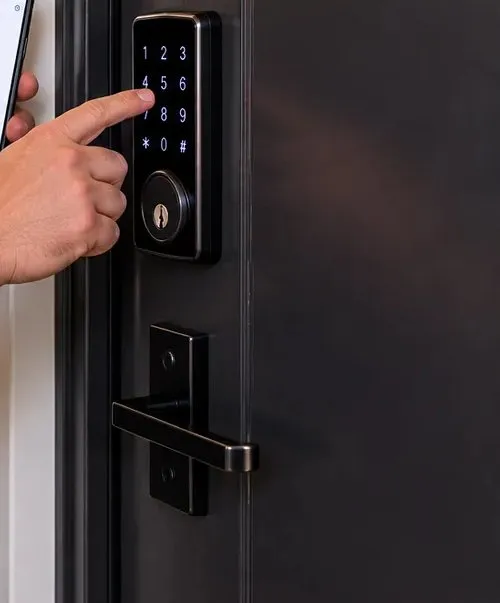 Keypad lock on a dark apartment unit door, Forest Hills Queens Keypad smart lock and black lever on a dark apartment unit door being tested by hand, Forest Hills Queens smart lock installation