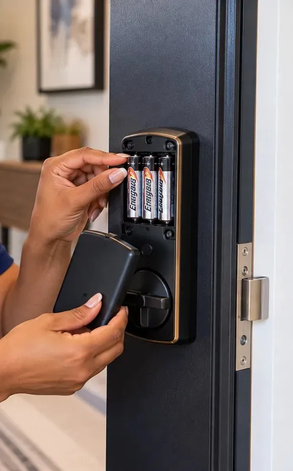 Loading AA batteries into a smart lock inside unit, Forest Hills Queens Hands loading AA batteries into the inside unit of a smart deadbolt on a dark door, Forest Hills Queens smart lock installation