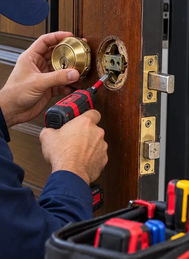 Removing an old brass deadbolt cylinder, Forest Hills Queens Hands lifting an old brass deadbolt out of a wood door with a red cordless driver, Forest Hills Queens smart lock installation