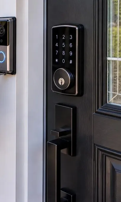 Video doorbell beside a keypad deadbolt, Forest Hills Queens Video doorbell mounted on the trim beside a black keypad deadbolt on a dark front door, Forest Hills Queens smart lock installation