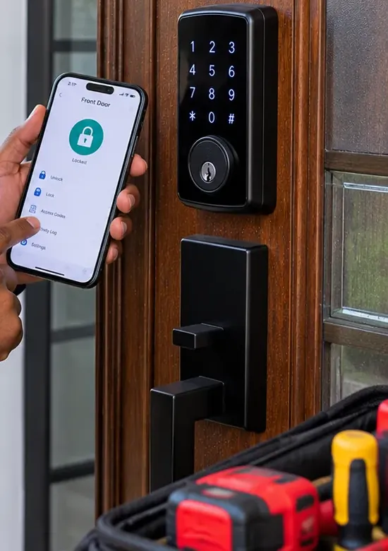 Lock app showing locked status beside the keypad — Great Kills, Staten Island Hand holding a phone showing a front-door lock app with a green locked status, next to a keypad deadbolt on a wood-grain door with a glass sidelight — Great Kills, Staten Island smart lock setup