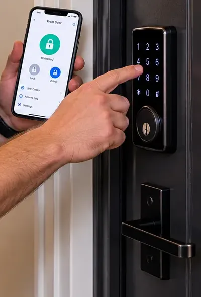 Testing a new code at the keypad with the app open — Great Kills, Staten Island Finger pressing the keypad of a smart deadbolt on a dark steel door while the other hand holds a phone showing the lock app — testing a new code, Great Kills, Staten Island