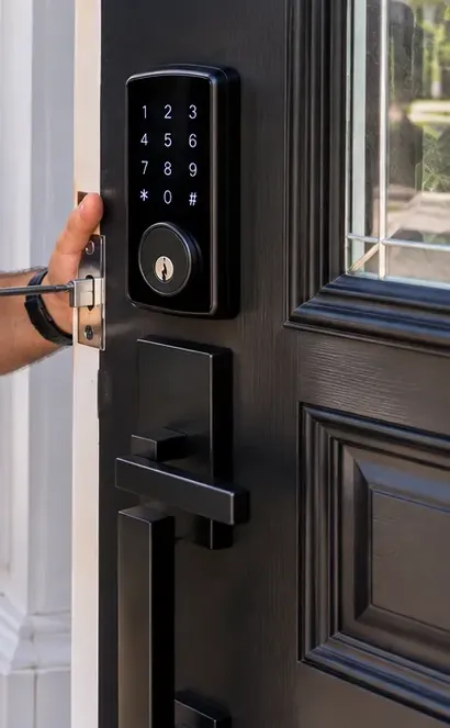 Keypad deadbolt going onto a black entry door — Great Kills, Staten Island Keypad smart deadbolt on a black front door while a cordless drill drives a screw into the latch edge — smart lock installation, Great Kills, Staten Island