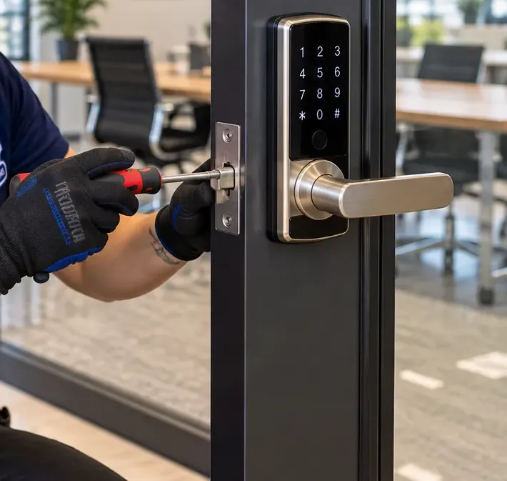 Keypad lever lock being fixed at the latch — Great Kills, Staten Island Gloved hands driving a screw into the latch plate of a satin-nickel keypad lever lock on a black-framed glass door — keypad lever installation, Great Kills, Staten Island