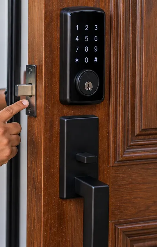 Checking latch and strike alignment on a wood-grain door — Great Kills, Staten Island Finger pressing the latch bolt at the edge of a wood-grain front door below the strike area, with a keypad deadbolt and black handleset on the door face — alignment check, Great Kills, Staten Island