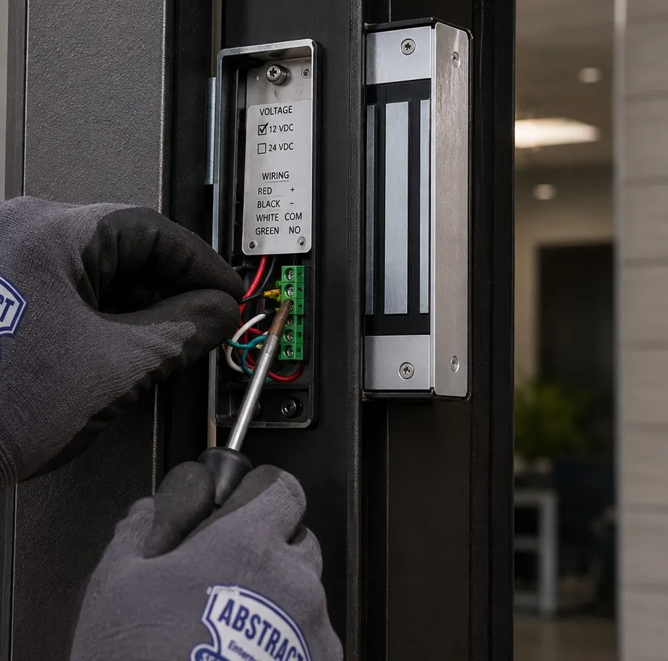 Magnetic lock terminal wiring on a door frame — Great Kills, Staten Island Gloved hands with a screwdriver at the green terminal block of a magnetic door lock, wiring label for 12 and 24 volts visible on a dark aluminium frame — commercial door wiring, Great Kills, Staten Island