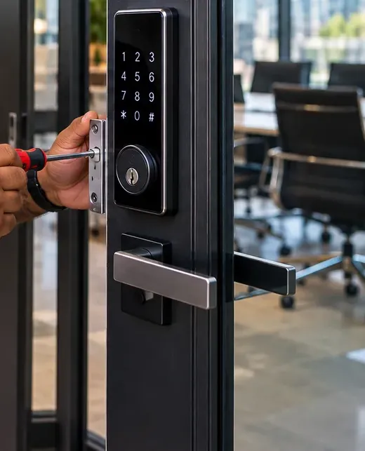Keypad lock on a glass office door — Great Kills, Staten Island Hands with a red-handled screwdriver fixing a latch plate on the frame of a glass-and-aluminium door, keypad deadbolt and lever below — office door smart lock, Great Kills, Staten Island