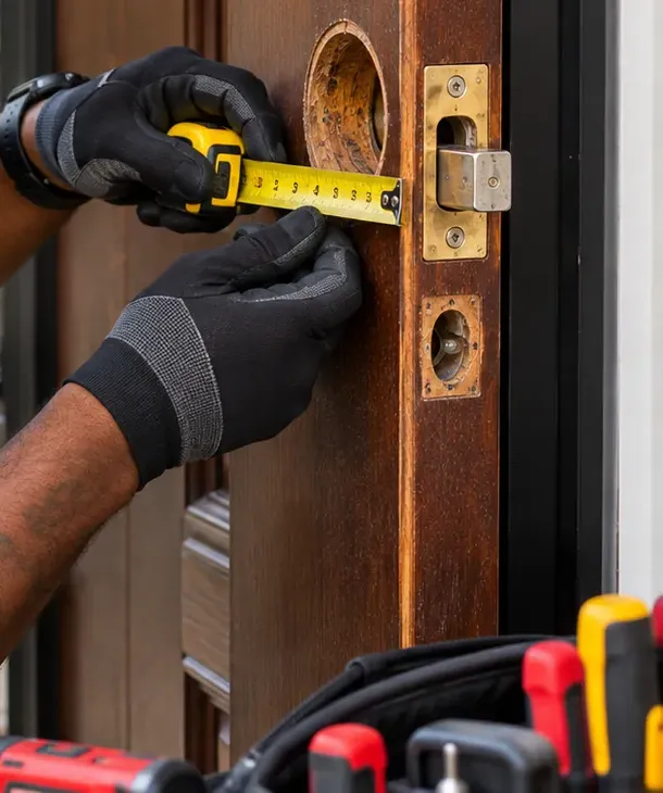 Measuring backset at an old deadbolt bore — Great Kills, Staten Island Gloved hands holding a tape measure from the door edge to an empty deadbolt bore in a wood door, brass latch plate beside it — measuring backset for a smart lock, Great Kills, Staten Island