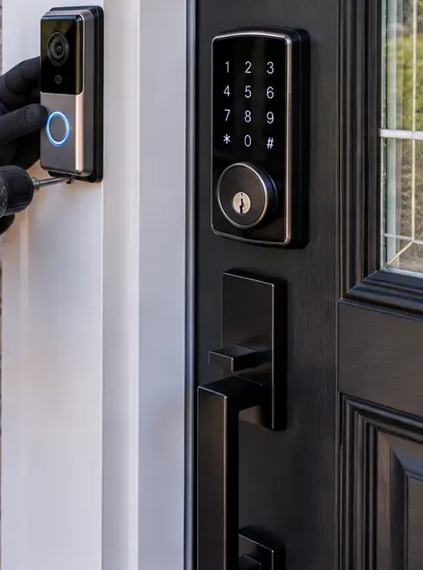 Video doorbell beside a keypad deadbolt — Great Kills, Staten Island Video doorbell being fixed to white trim beside a black front door that carries a keypad deadbolt and handleset — doorbell and smart lock together, Great Kills, Staten Island